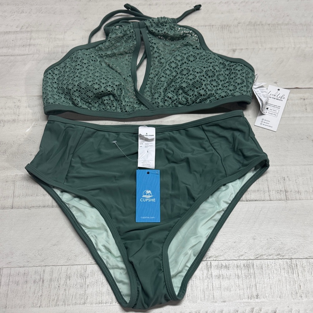 Cupshe Teal Lace Halter Serene Land Cutout Bikini Top & Bottoms Set